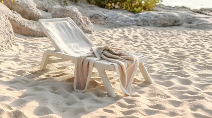 Peaceful beach chair with a soft cozy towel draped over it surrounded by serene golden sand in a picturesque coastal landscape  This minimalist