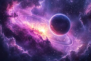 Wall Mural - cosmic vista featuring massive purple nebula illuminating an alien planets ring system stars twinkli