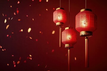 Wall Mural - Chinese New Year Celebration: Red lanterns hanging with golden tassels, soft glow accents, confetti falling around, placed against a deep red solid backdrop, Chinese New Year decorations