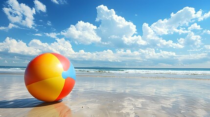 Wall Mural - Vibrant Colorful Beach Ball Playfully Splashing in the Ocean Waves with a Family Enjoying a Fun Outdoor Summer Activity on the Sandy Shore Under a Bright Blue Sky with Fluffy Clouds