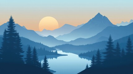 Poster - Scenic mountain landscape at dawn with serene river and forest silhouette for creative text placement. Generative AI