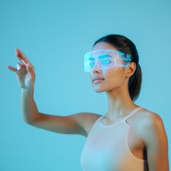 Aufkleber - Tech-Infused Wellness Holographic Biofeedback with Athletic South Asian Woman - Minimalist Wellness Pod for Modern Health Optimization in Fitness Industry