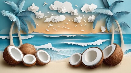 Wall Mural - Summer background concept. Cute summer elements on the beach with the sea and coconut trees. Paper art design.