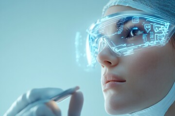 Aufkleber - Futuristic Medical Innovation Female Doctor with AR Glasses and Holographic Data - Transforming Healthcare Technology for Advanced Clinical Practice and Wellness Solutions