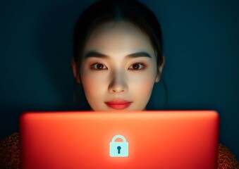 Aufkleber - Midnight Tech Aesthetic Asian Woman, 34, with Laptop, Illuminated Lock Icon - Enhancing Secure Remote Workflows and Digital Privacy for Business Professionals