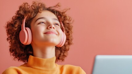 Aufkleber - Vibrant Youth Coding Hub Indian Teens Online in Cozy Headphones, Laptops on Coral Backdrop - Dynamic e-Learning Content and STEM Skill Building for Digital Futures