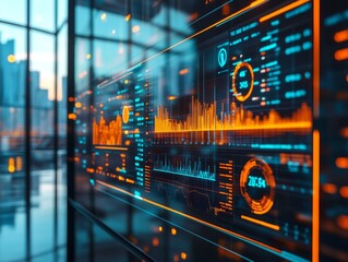 Leinwandbilder - Futuristic Analytics Hub Interactive Smart LED Display with Dynamic Data Visualizations and Glass Interface - Enhancing Business Intelligence and Tech-Driven Decisions
