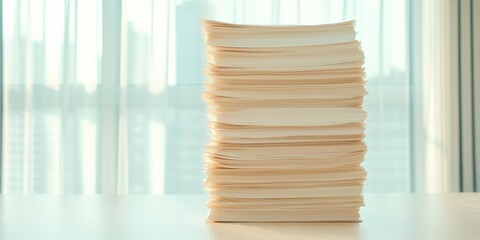 Aufkleber - Aesthetically Minimalist Paper Stack in Sunlit Office Recycled Materials for Sustainable Business Practices and Eco-Friendly Document Management Solutions