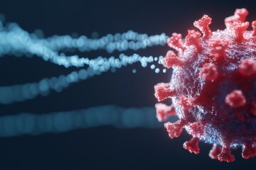 Aufkleber - Cutting-Edge Healthcare Imagery Hyper-Detailed Blue and Red Coronavirus Particle on Dark Gradient - Visual Excellence for Scientific Research and Modern Medical Marketing