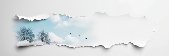 Poster - Create fresh designs with spacious mock up featuring torn paper revealing a tranquil sky and trees. Generative AI
