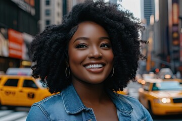 Wall Mural - A Black woman with an afro, wearing a denim jacket, is smiling while standing on the street in New York City with cars and billboards behind her