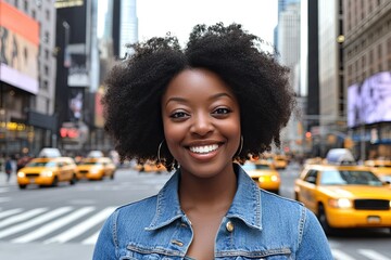 Wall Mural - A Black woman with an afro, wearing a denim jacket, is smiling while standing on the street in New York City with cars and billboards behind her