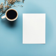 Leinwandbilder - Cozy workspace with blank paper, coffee cup, and decorative flowers on a flat surface. Generative AI