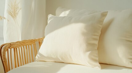 Aufkleber - Minimalism in Soft Light Neutral-Colored Pillows on a Sofa in Sunlit Minimalism Living Room