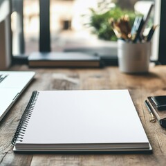 Aufkleber - Workspace with blank notebook and tools ready for creativity and planning. Generative AI