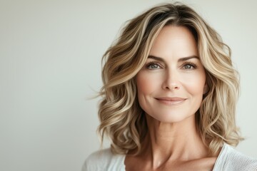 woman with wavy blonde hair smiles softly, showcasing natural beauty and elegance in a neutral setti