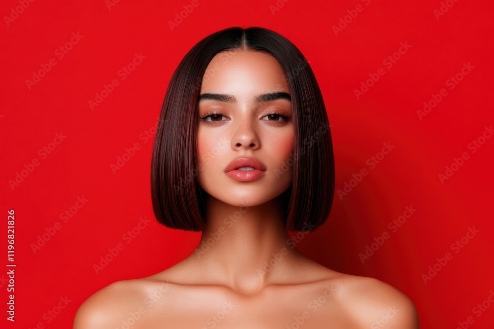 Beautiful latin model posing with short hair and red background Stock ...