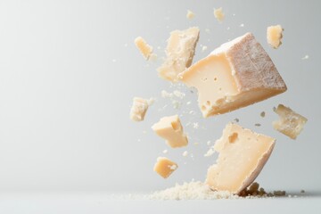 Pieces of delicious cheese flying and exploding on gray background