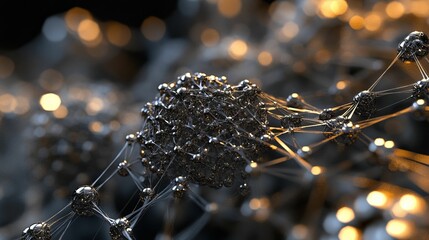 Interconnected metallic spheres, dark background, glowing lights.