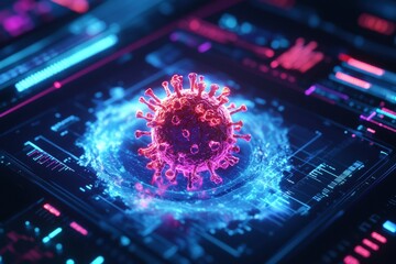 Aufkleber - Glowing Virus Hologram Displayed on Digital Interface Highlighting Virus and Medical Data Visualization