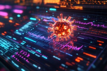 Poster - Virus Awareness in a Digital Interface Holographic Virus Model and Virus Data Visualization with Neon Accents Highlighting Health Awareness and Virus Prevention