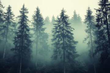 Wall Mural - misty landscape with mountains and dark moody fir forest in hipster vintage retro style