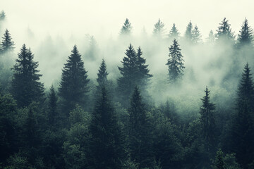 Wall Mural - misty landscape with mountains and dark moody fir forest in hipster vintage retro style