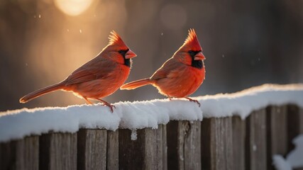 Two vibrant red cardinals perched on a snowy fence, illuminated by soft winter sunlight.