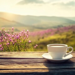 Aufkleber - Relaxing moment with coffee in the morning sunlight surrounded by beautiful flowers in a serene landscape. Generative AI