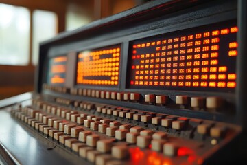 Old computer with glowing programming code displayed on vintage screen in a tech lab, showcasing retro design and intricate details of early computing technology