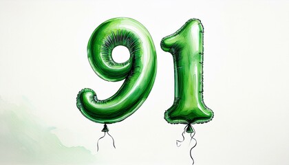 Green birthday / anniversary party balloon, number 91, watercolor painting with white background