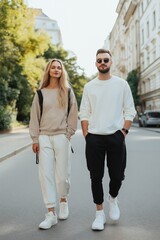 Poster - A man and a woman are walking down a street. The man is wearing a white shirt and black pants, while the woman is wearing a tan shirt and white pants. They are both wearing sunglasses and backpacks