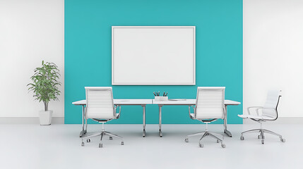 Wall Mural - Minimalistic office space with white furniture a bright blue accent wall and a blank white frame in a format.