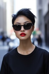 Poster - A woman with a short haircut and sunglasses is standing on a city street. She is wearing a black shirt and red lipstick