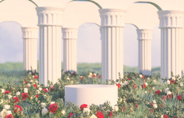 Poster - Natural beauty podium backdrop with spring rose flowers scene. 3d rendering.