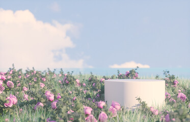 Poster - Natural beauty podium backdrop with spring rose flowers scene. 3d rendering.