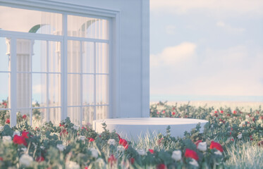 Poster - Natural beauty podium backdrop with spring rose flowers scene. 3d rendering.
