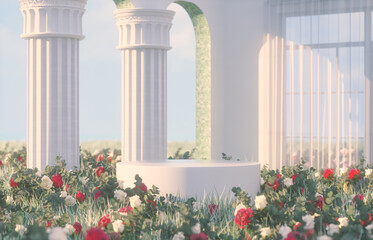 Poster - Natural beauty podium backdrop with spring rose flowers scene. 3d rendering.