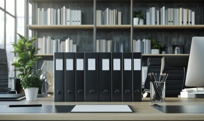 Poster - Organized office: binders, desk, plants, pencils, books.