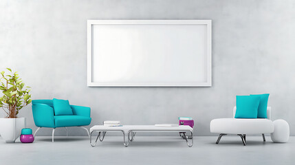 Wall Mural - Stylish modern office with minimalist white furniture vibrant blue accents and a blank white frame on a light grey wall in a wide orientation.