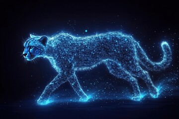 Wall Mural - geometric cheetah silhouette composed of luminous triangular fragments and connected nodes running across electric blue matrix background with trailing particle effects