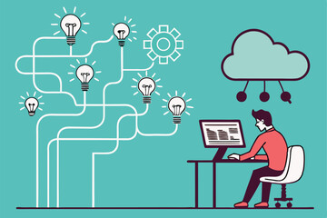digital illustration, flat design, programmer working at desk, computer screen, cloud computing, network of lightbulbs, bright ideas, creativity concept, turquoise background, minimalist style, innova