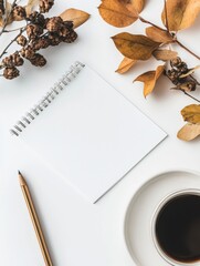 Poster - Blank notebook with pencil and coffee cup surrounded by autumn leaves on a white surface ready for creative ideas. Generative AI