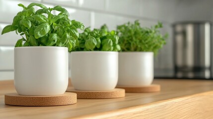 Three white potted plants sit on a wooden countertop