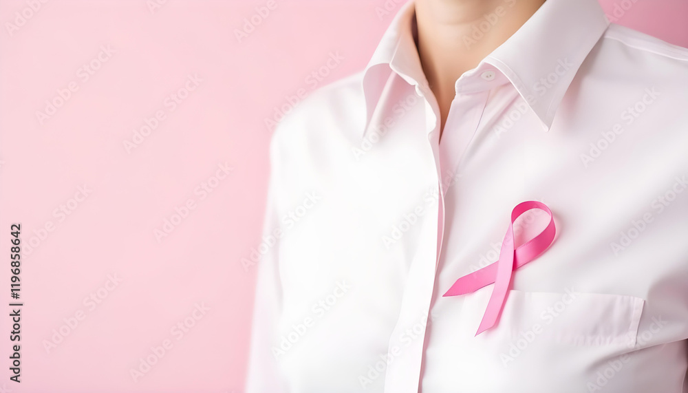 Lazo rosa prendido en una camiseta blanca, con un fondo rosa suave ...