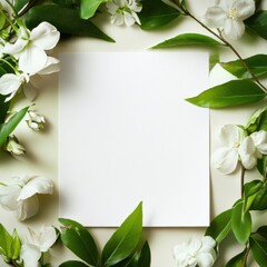 Aufkleber - Space designed for text surrounded by white flowers and green leaves perfect for creative designs or invitations. Generative AI