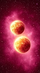 Wall Mural - An enchanting cosmic scene of twin planets connected by delicate golden light beams surrounded by soft nebula clouds for an elegant space aesthetic 