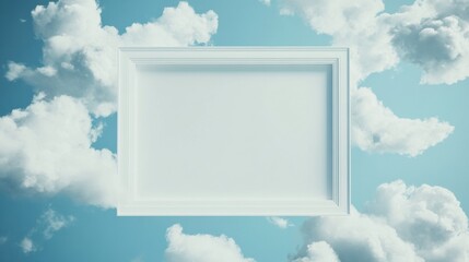 Poster - Empty frame in a blue sky surrounded by fluffy clouds for creative design mock up space. Generative AI