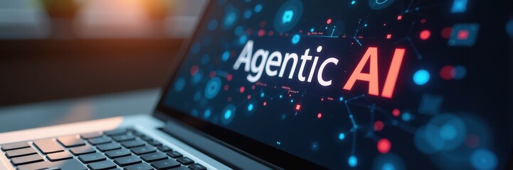 Open laptop displaying Agentic AI text and network graphics, digital technology concept