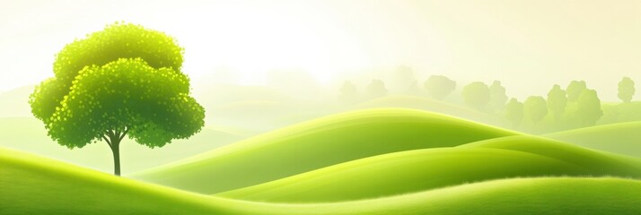 Poster - Lush green hills with a lone tree in serene landscape perfect for adding custom text. Generative AI